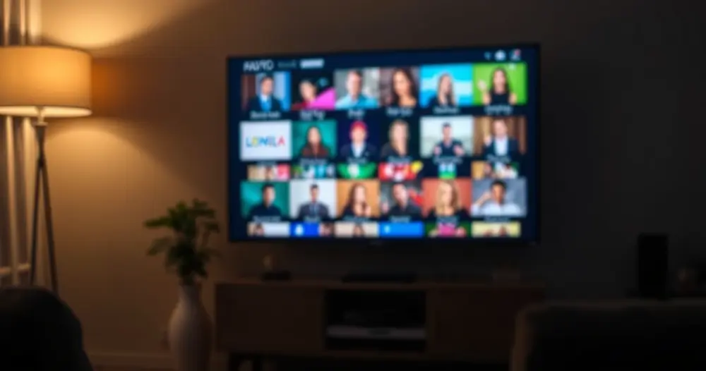 Tela de televisão exibindo grade de miniaturas de conteúdo em sala escura