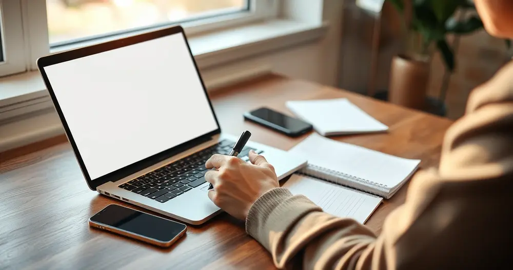 Pessoa usando celular e notebook em mesa de trabalho com anotações
