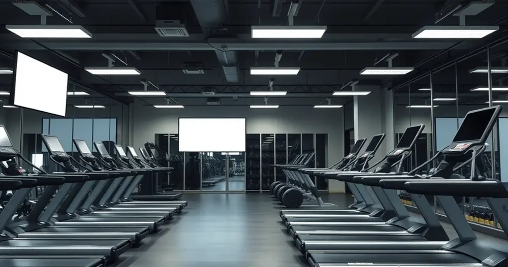 Aparelhos de musculação vazios em academia com iluminação clara