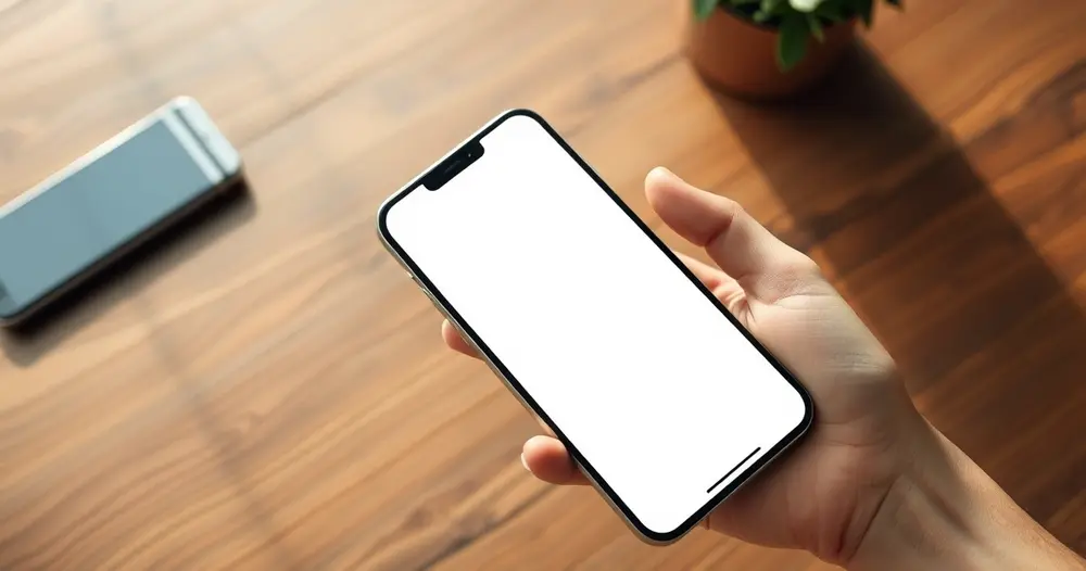 Celular exibindo tela de aplicativo bancário sobre mesa de madeira