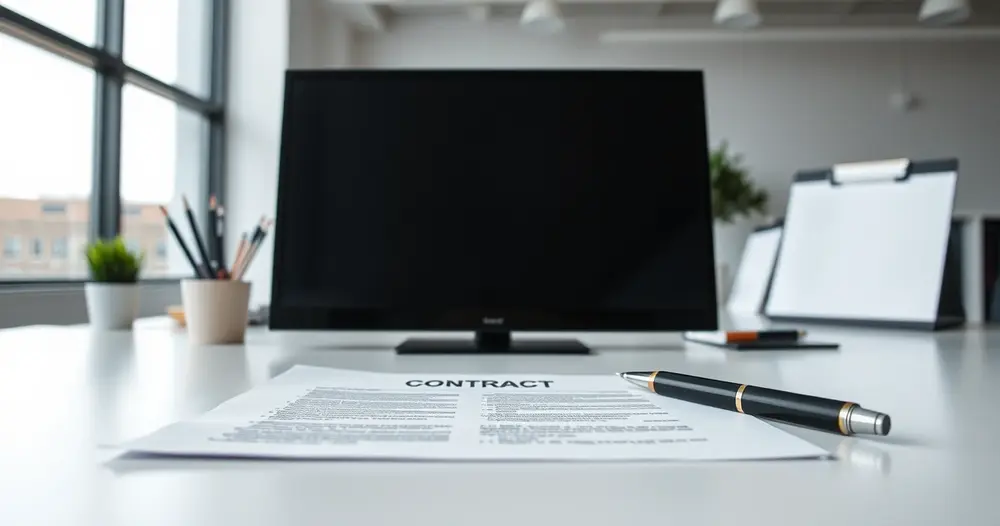 Formulário de contrato e caneta sobre mesa clara em ambiente de escritório